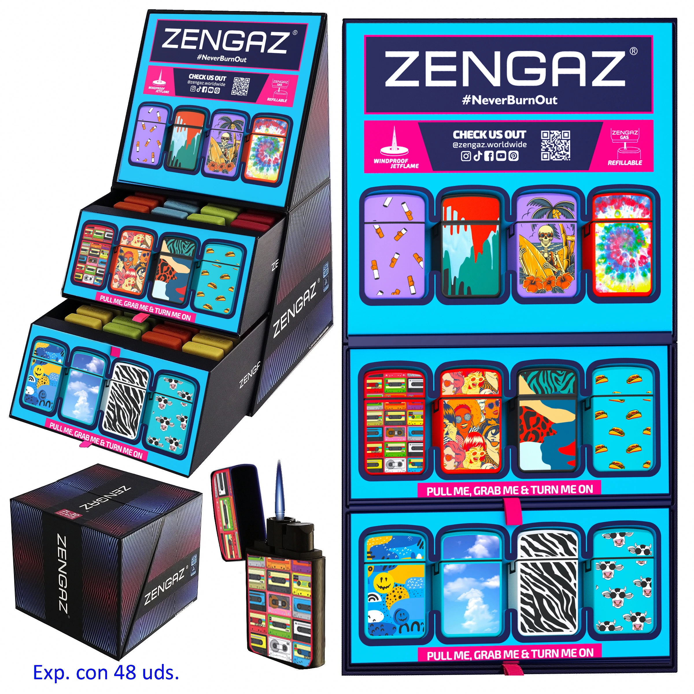 Expositor Zengaz desplegado y cerrado, con mecheros de diseños surtidos y un encendedor abierto con llama azul.