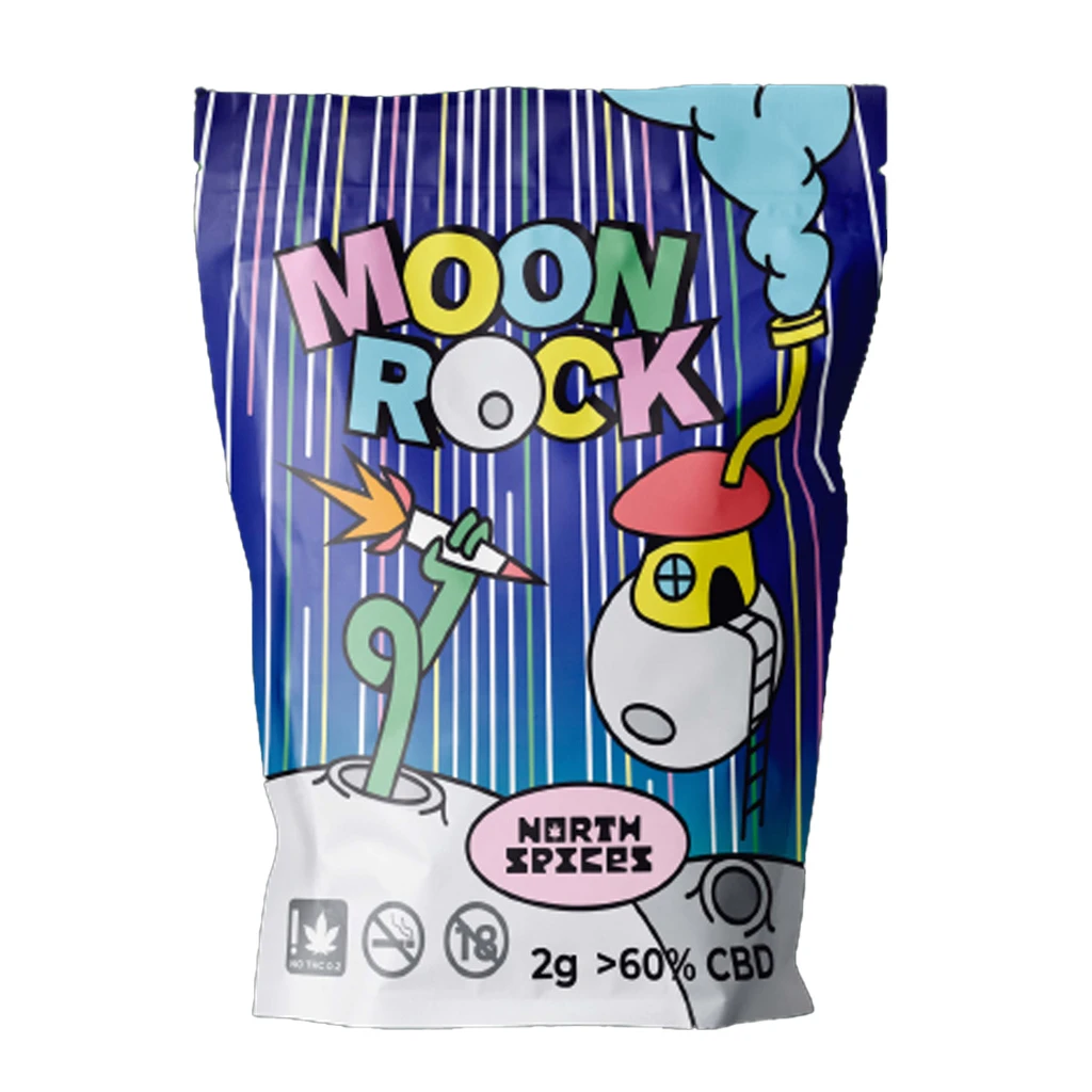 Bolsa North Spices Moonrock con dibujos espaciales sobre fondo azul a rayas; etiqueta de 2 g y más del 60 % de CBD.