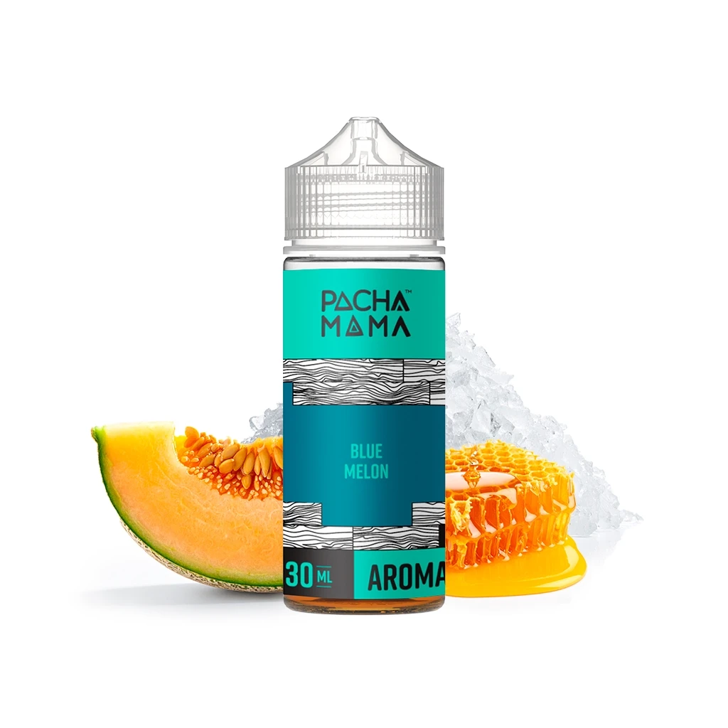 Botella Pachamama Blue Melon de 30 ml con etiqueta turquesa y tapón transparente, junto a una rodaja de melón, un panal y hielo.