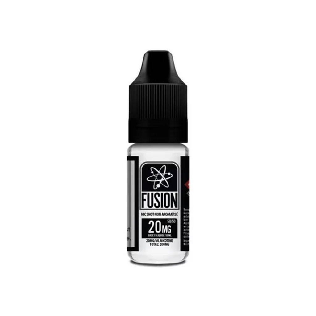 Frasco de Halo Fusion Nicokit con tapón negro y etiqueta blanca y negra que muestra un símbolo atómico y la concentración de 20 mg/ml.