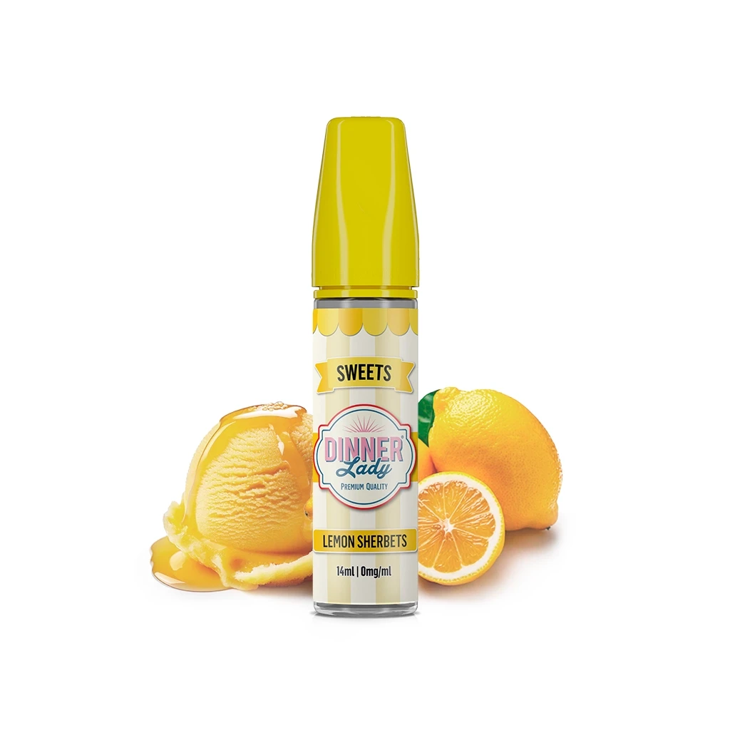 Frasco Dinner Lady Lemon Sherbets Longfill con tapón amarillo, junto a un limón entero, una mitad de limón y una bola de helado amarillo.