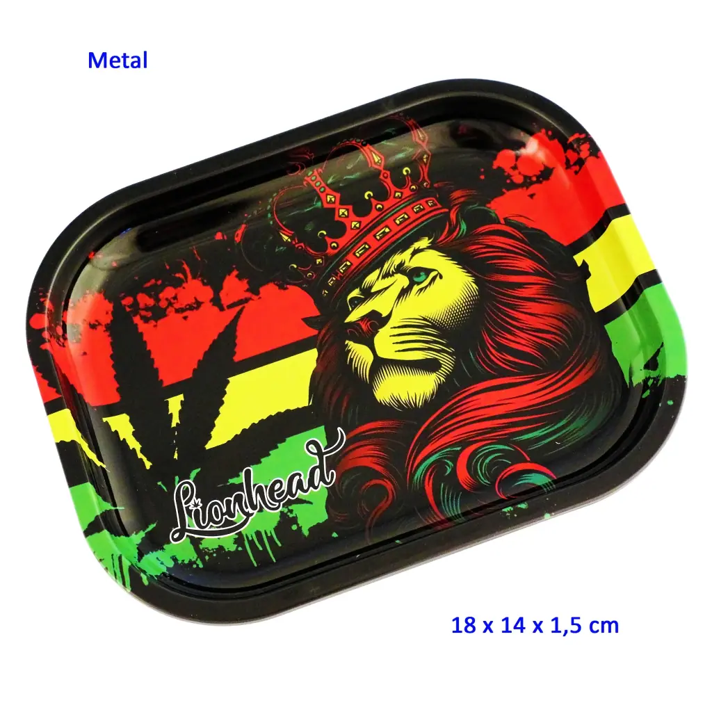 Bandeja para liar Lionhead con bordes negros, un león coronado de melena roja y una hoja de cannabis sobre franjas rojas, amarillas y verdes.
