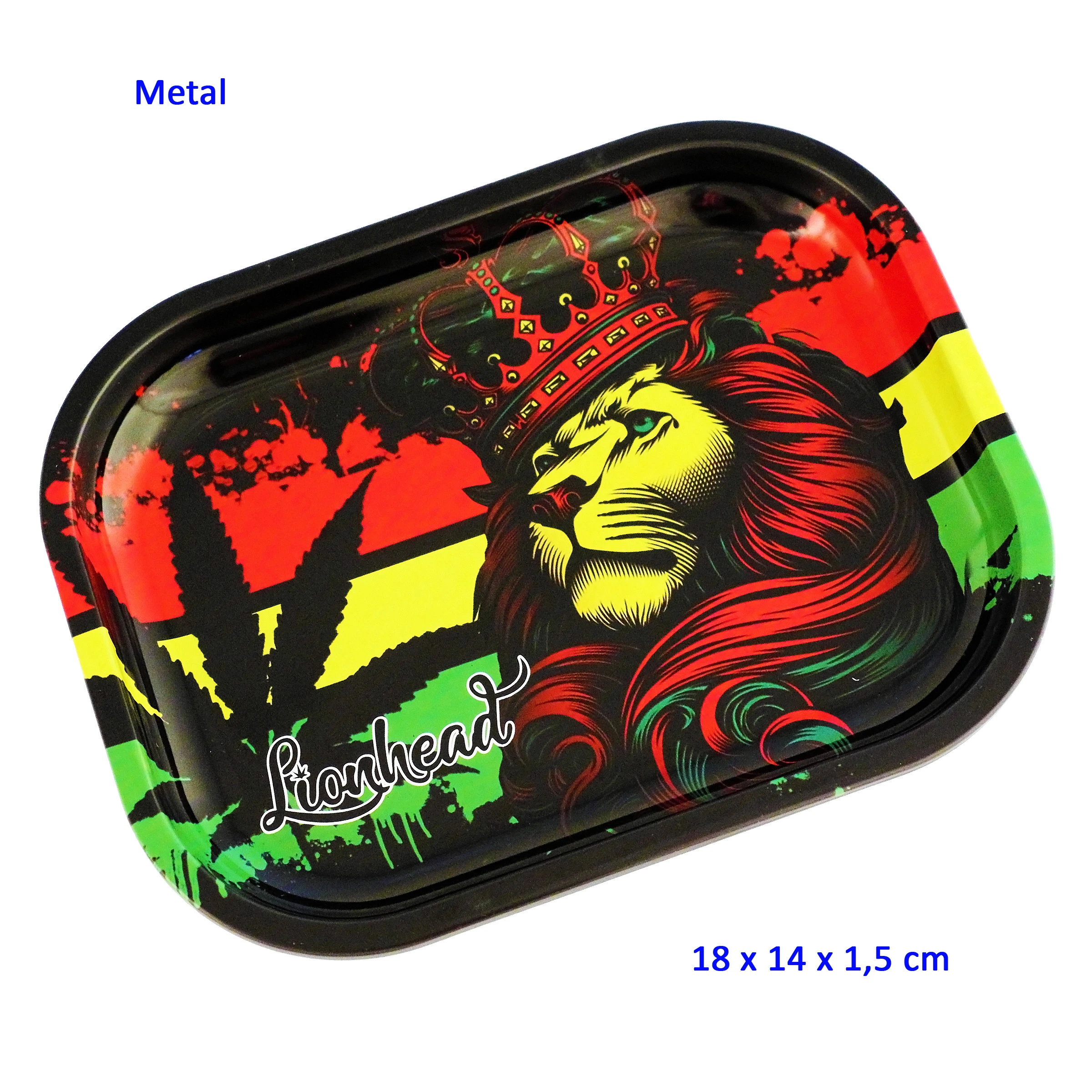 Bandeja para liar Lionhead con bordes negros, un león coronado de melena roja y una hoja de cannabis sobre franjas rojas, amarillas y verdes.