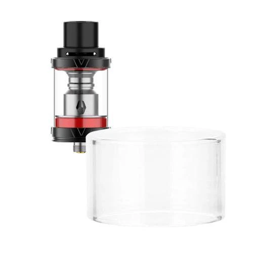Cristal cilíndrico transparente Vaporesso Veco Plus Glass en primer plano, con un atomizador negro y rojo detrás sobre fondo blanco.