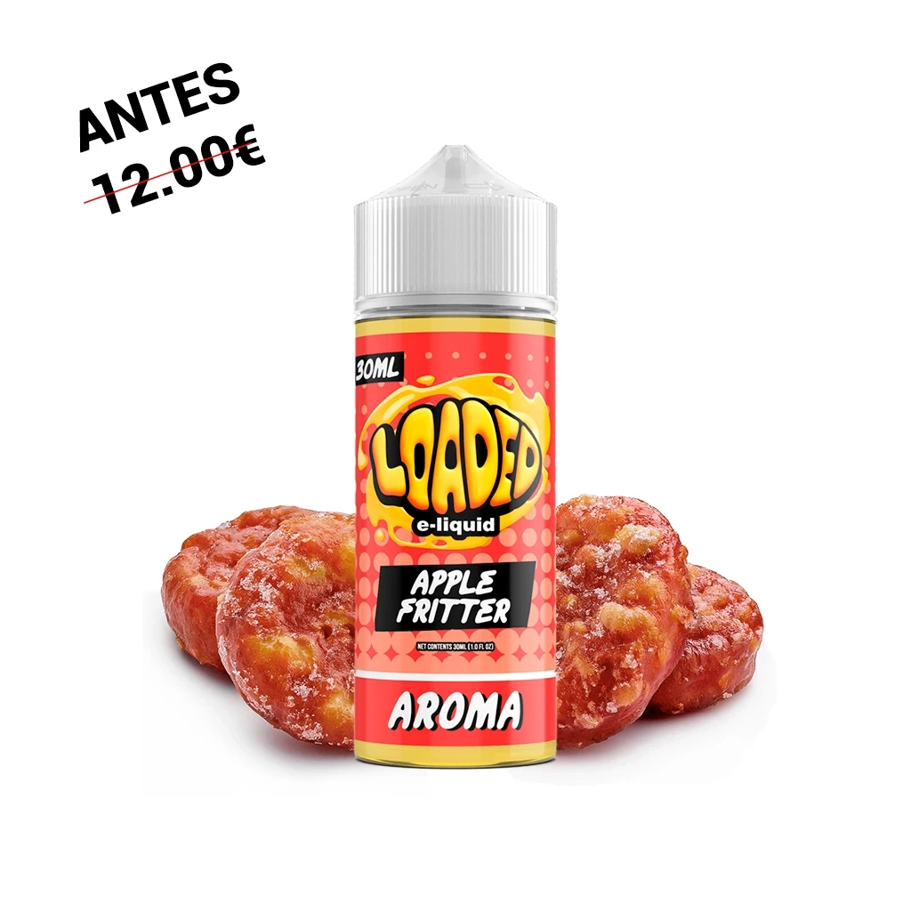 Bote Loaded Apple Fritter de 30 ml con tapón blanco y etiqueta roja y amarilla, delante de varios buñuelos sobre fondo blanco.
