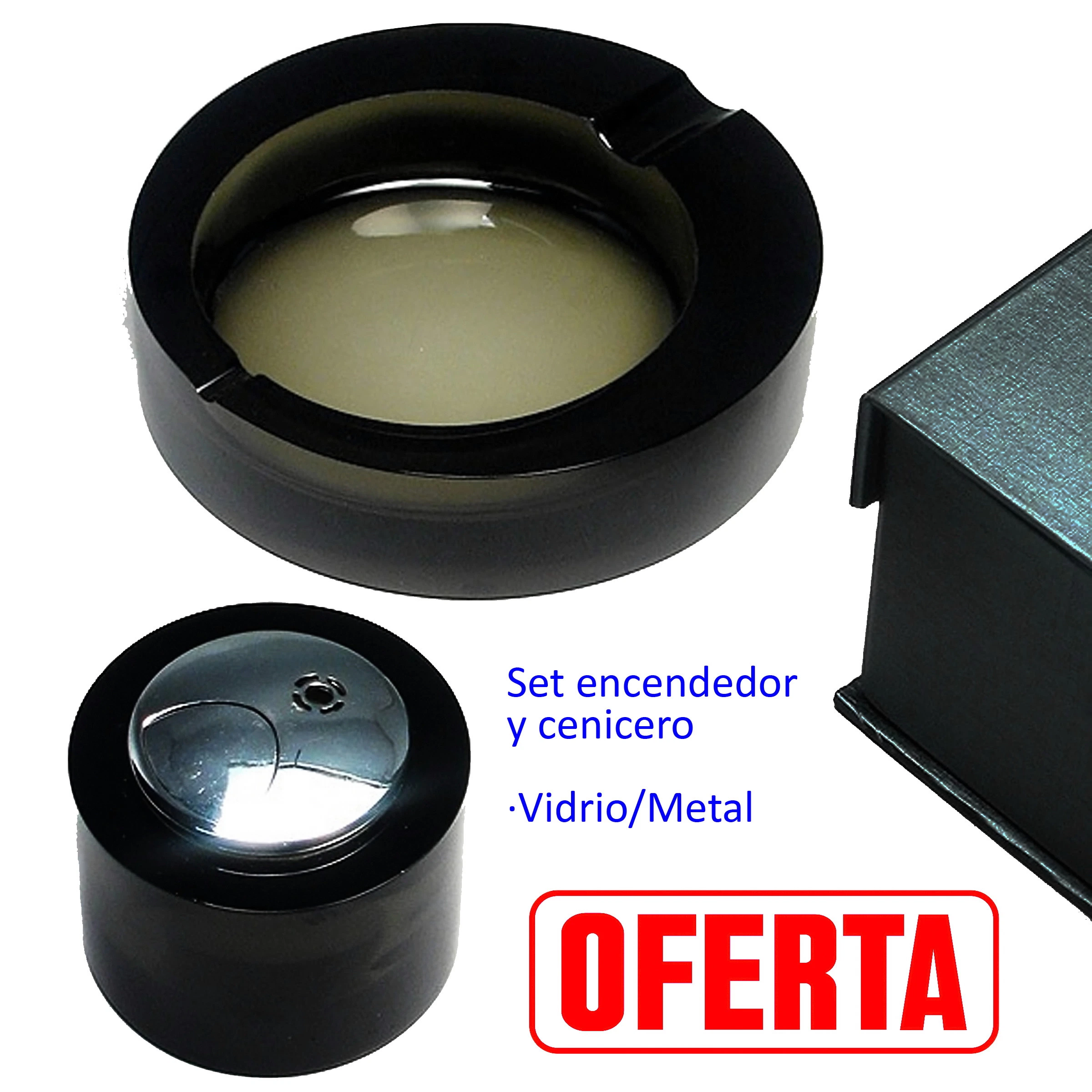 Cenicero redondo oscuro y encendedor cilíndrico con tapa plateada, junto a una caja parcialmente visible sobre fondo blanco.