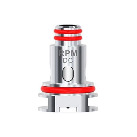 Resistencia Smok RPM plateada con inscripción RPM DC, juntas rojas y abertura lateral ovalada, presentada sobre fondo blanco.