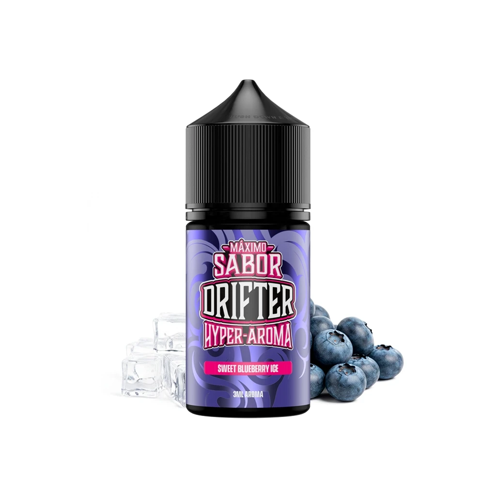 Frasco Drifter Hyper Sweet Blueberry Ice Longfill con tapón negro y etiqueta morada, junto a arándanos y cubitos de hielo.