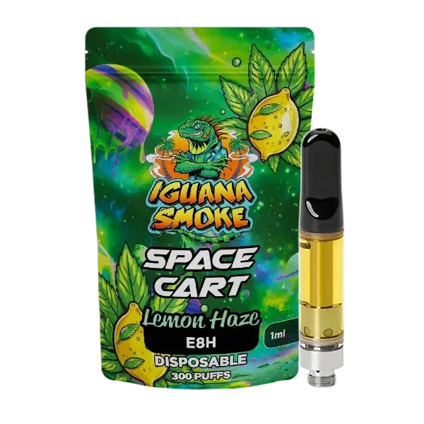 Cartucho Iguana Smoke Lemon Haze de 1 ml, con boquilla negra y líquido dorado, junto a su envase verde Space Cart E8H.