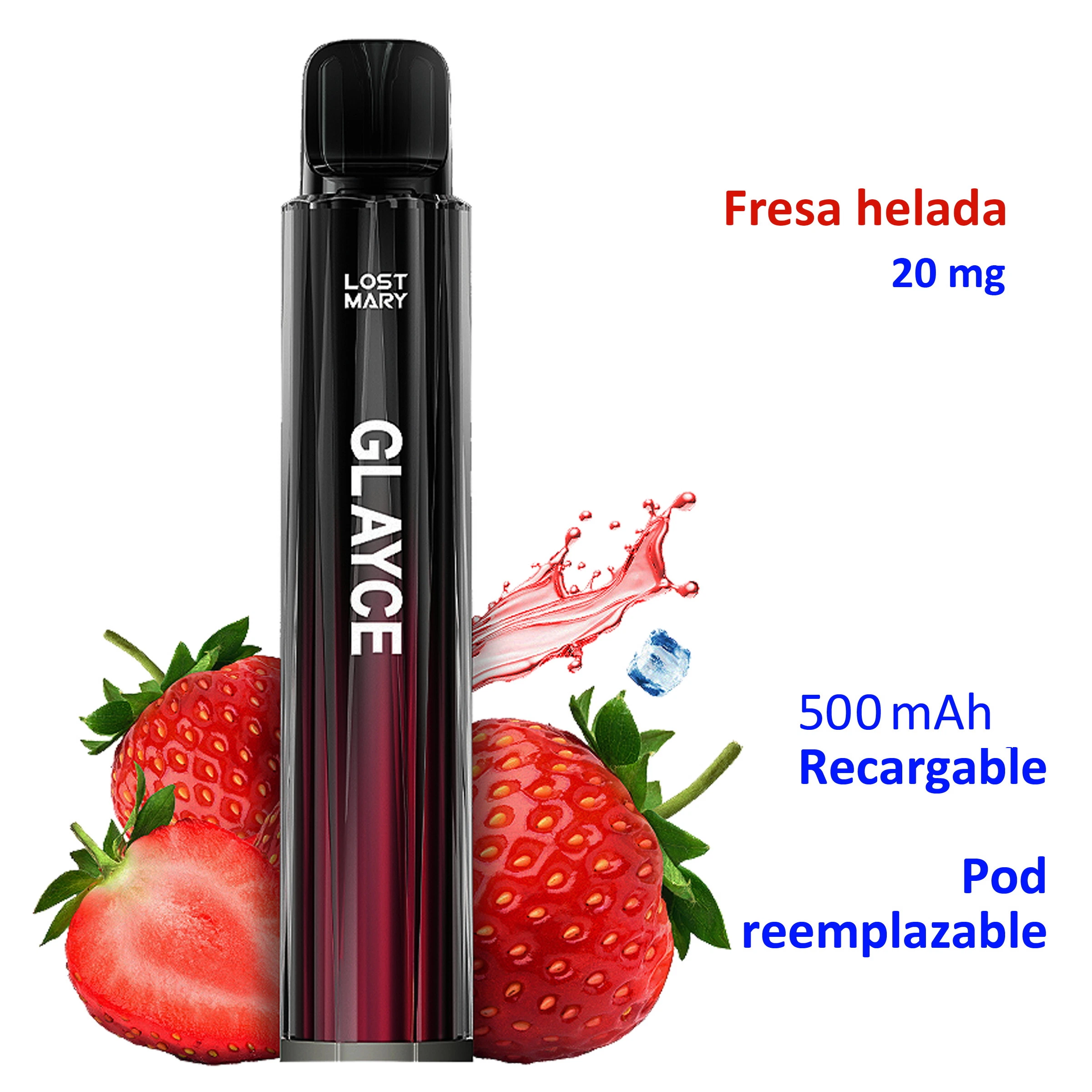 Lost Mary GLAYCE negro y rojo junto a fresas y hielo; indica fresa helada, 20 mg, batería recargable de 500 mAh y pod reemplazable.