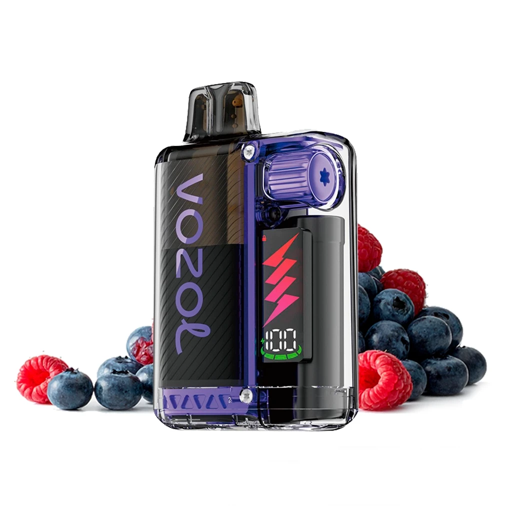Vozol Vista Plug Blueberry Sour Raspberry con carcasa transparente, detalles violetas y pantalla, junto a arándanos y frambuesas.