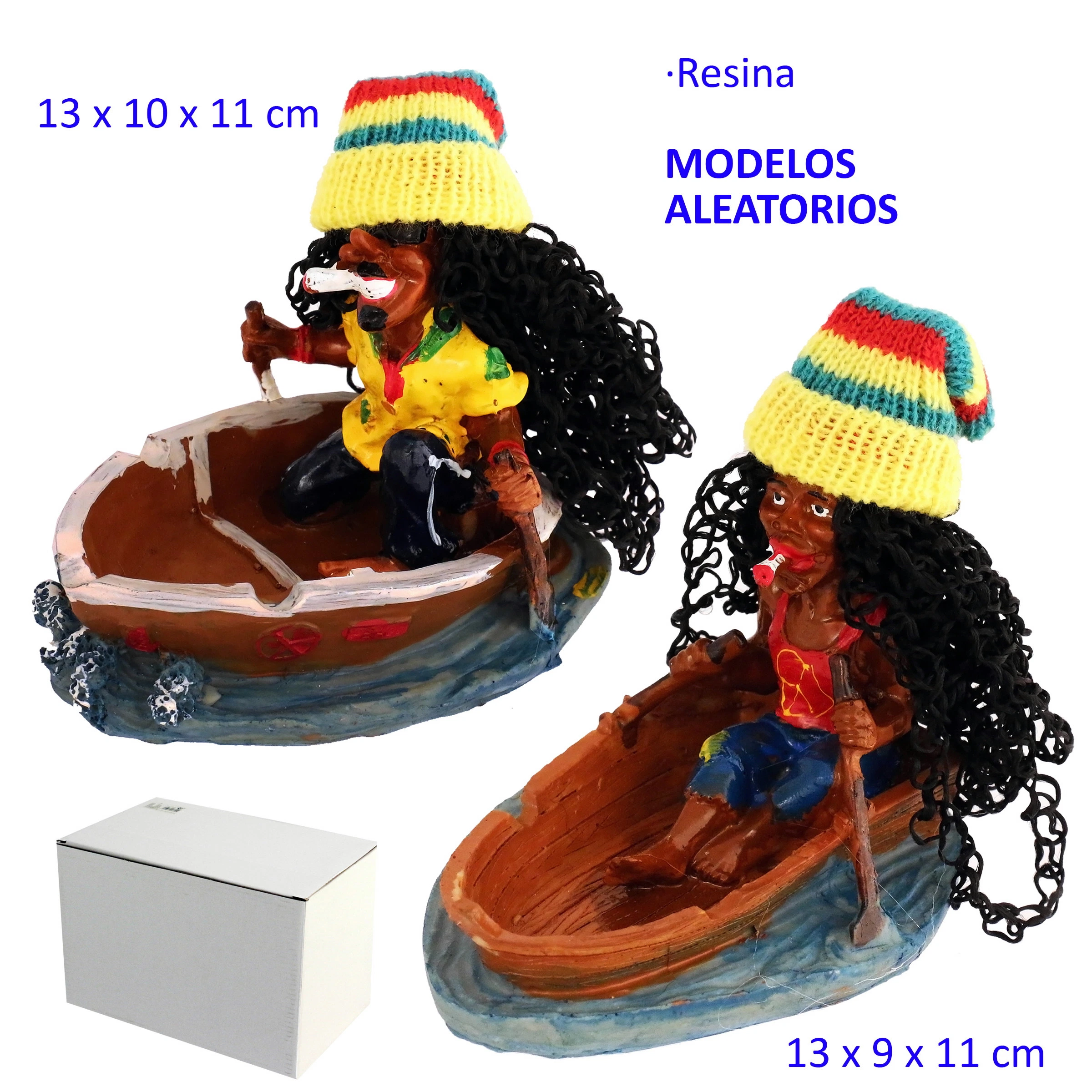 Modelos distintos de cenicero en forma de barca con figuras de pelo negro y gorros de colores; el texto indica modelos aleatorios.