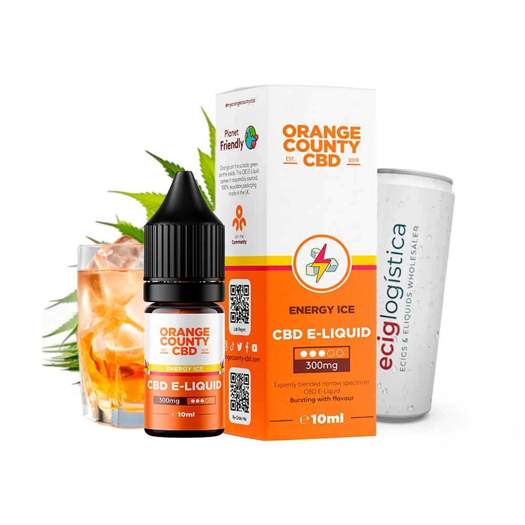 Frasco y caja de Orange County CBD E-liquid Energy Ice, etiquetados con 300 mg y 10 ml, junto a un vaso con hielo y una lata.