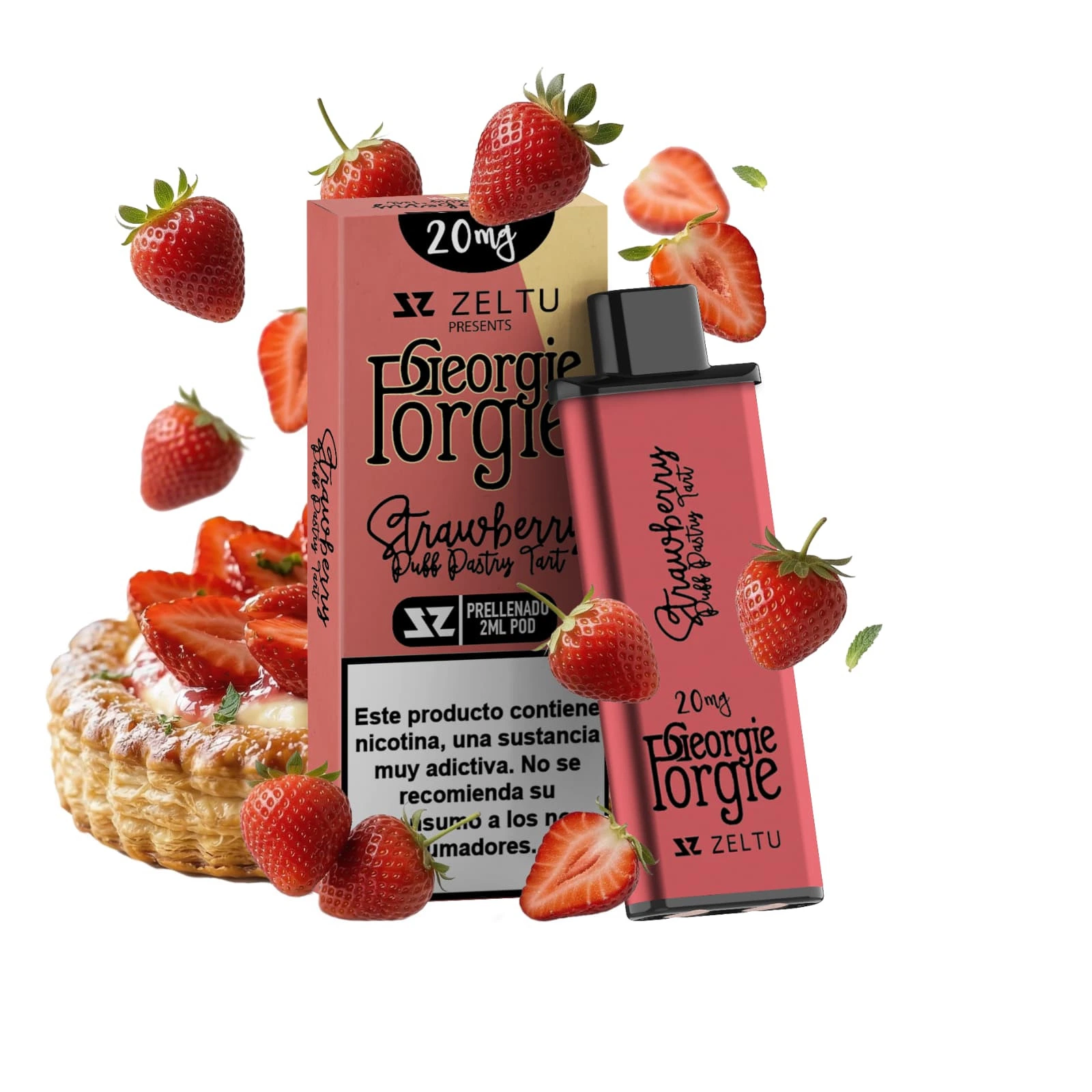 Pod rosa Zeltu Georgie Porgie Strawberry Puff Pastry Tart junto a su caja marcada 20 mg, rodeado de fresas y una tartaleta.