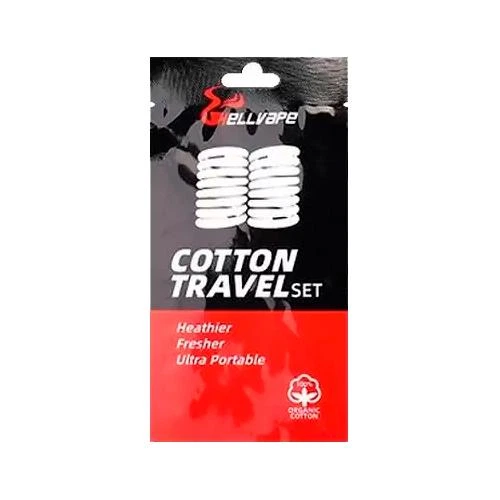 Envase negro y rojo de Hellvape Cotton Travel Set, con algodón blanco visible en la parte superior y texto «Organic Cotton».