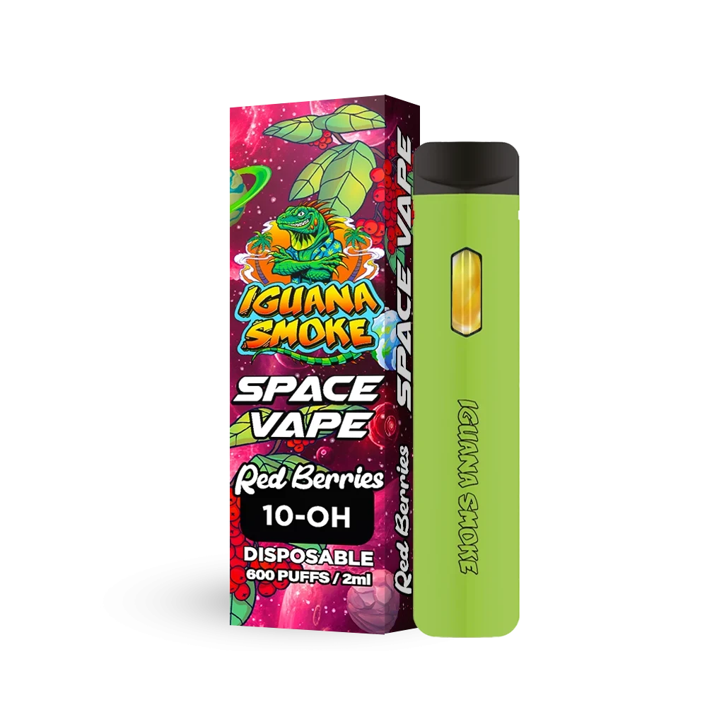 Pod verde de boquilla negra junto a su caja Iguana Smoke Space Vape Red Berries, rotulada «10-OH», «600 puffs» y «2 ml».