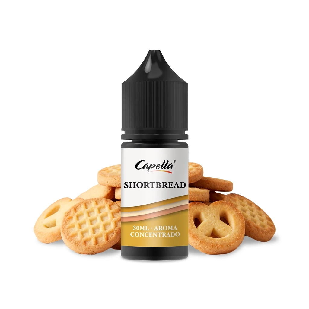 Frasco de aroma Shortbread de Capella con tapón negro y etiqueta de 30 ml, rodeado de galletas doradas sobre fondo blanco.