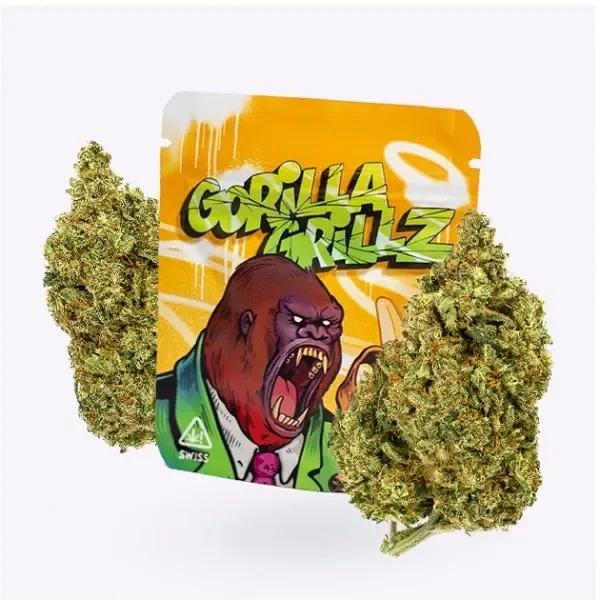 Cogollos de cáñamo junto a una bolsa amarilla Gorilla Grillz, decorada con un gorila de boca abierta y letras verdes.