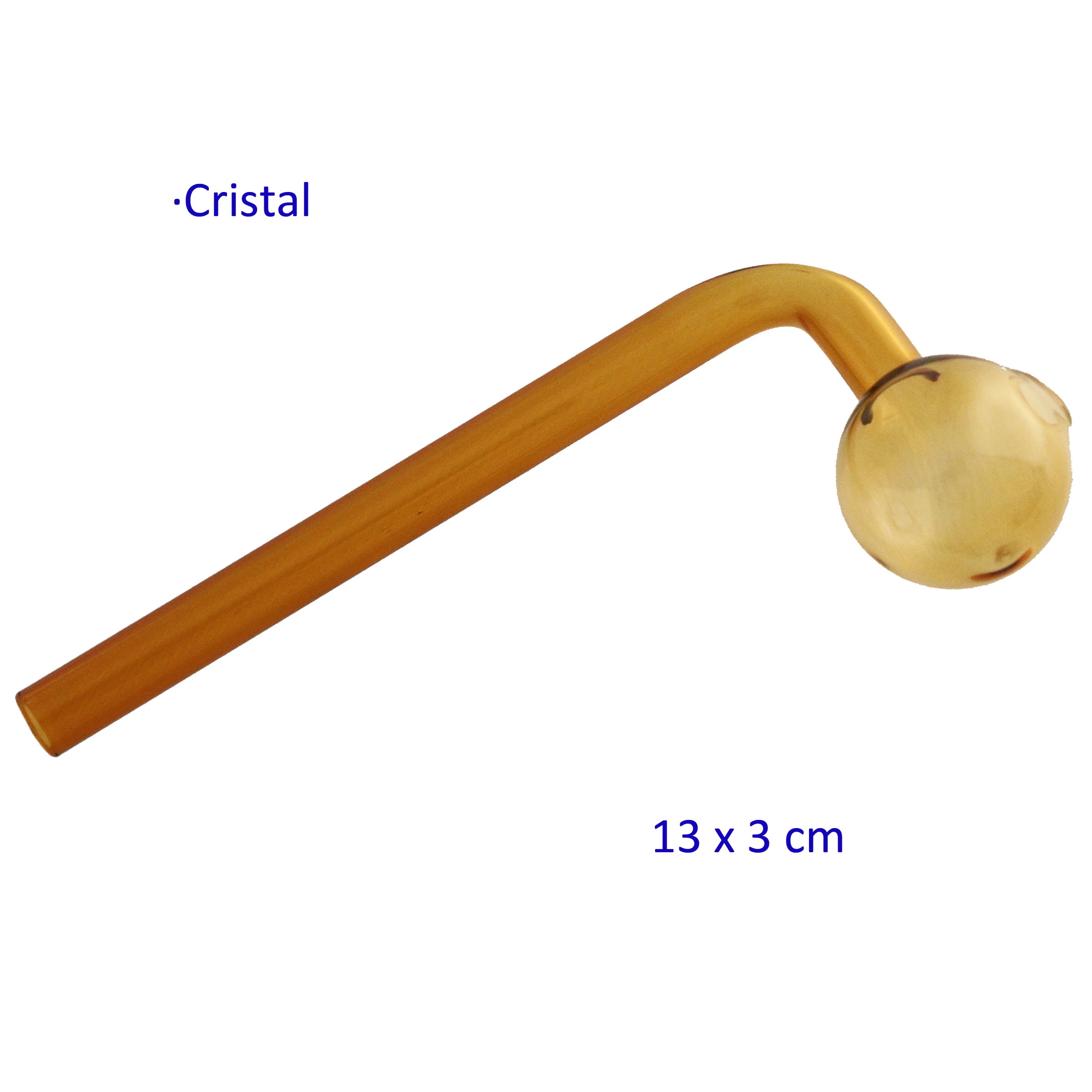 Repuesto de cristal ámbar para bong de 13 × 3 cm, con tubo largo acodado y cámara esférica en un extremo, sobre fondo blanco.