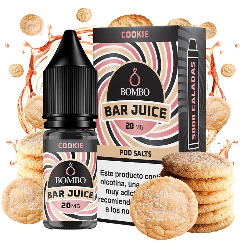 Bote y caja de Cookie Bar Juice de Bombo, con etiqueta de 20 mg y diseño en espiral rosa, negro y crema, rodeados de galletas.