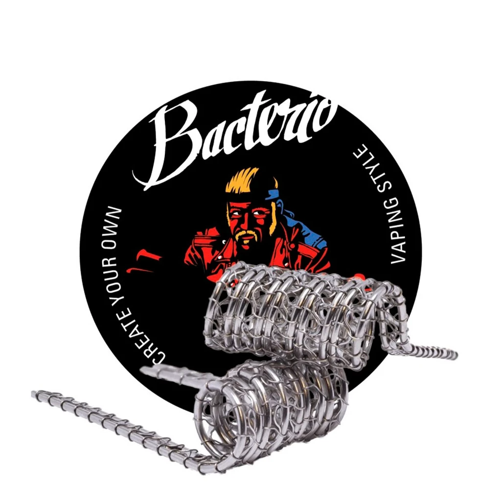 Resistencias Bacterio Coils Wrap con alambre plateado entrelazado y extremos largos, ante un logotipo circular negro con un personaje ilustrado.