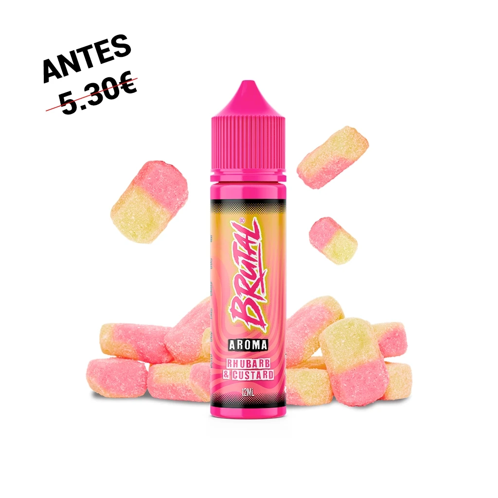Frasco Brutal Rhubarb & Custard de 12 ml con tapón rosa y etiqueta amarilla y rosa, rodeado de caramelos bicolores sobre fondo blanco.