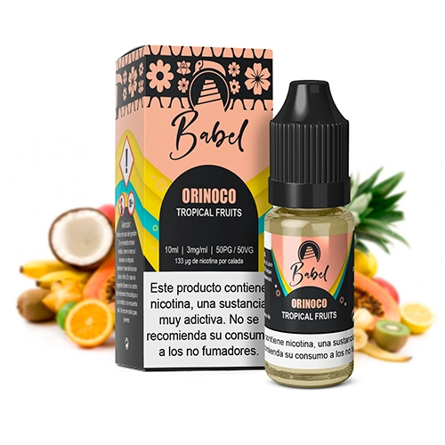 Frasco Babel Orinoco con tapón negro junto a su caja, con texto Tropical Fruits, 10 ml y 3 mg/ml, y frutas al fondo.
