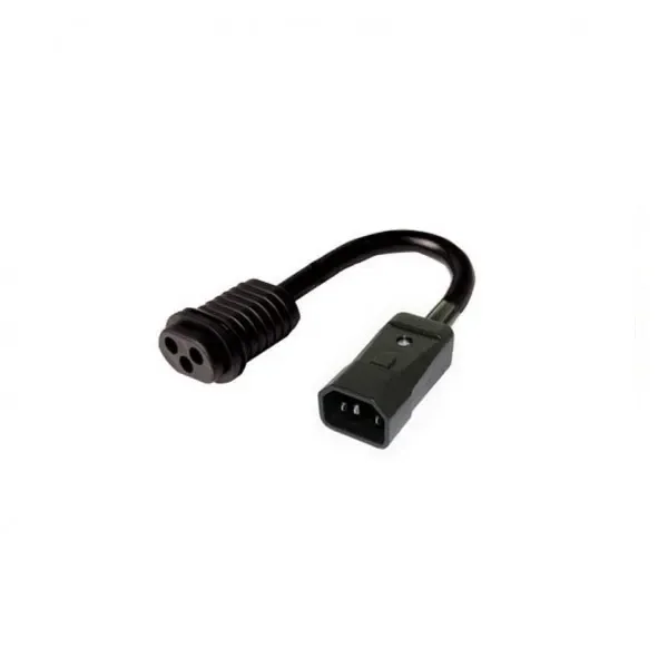 Adaptador para reflector Raptor BAREF con cable negro corto, conector IEC C14 y toma redonda de tres orificios sobre fondo blanco.