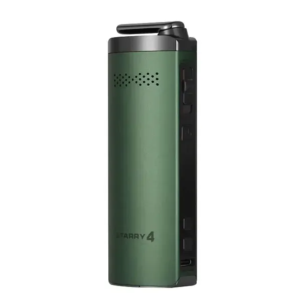 Vaporizador XVAPE Starry V4.0 verde, con boquilla negra plegada, perforaciones frontales y controles en el lateral, sobre fondo blanco.