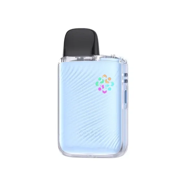 Uwell Caliburn G5 Lite Koko azul claro, con relieve ondulado, borde transparente, emblema multicolor y boquilla negra sobre fondo blanco.