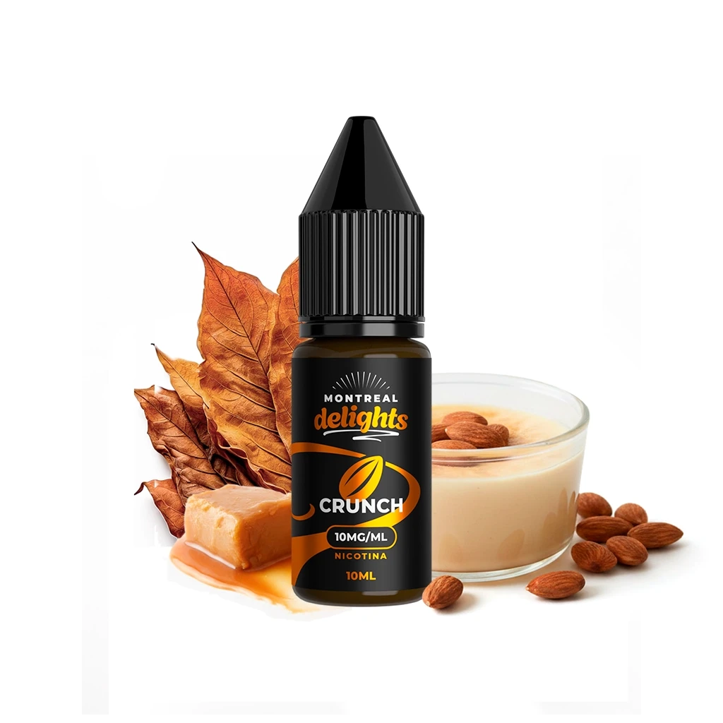Frasco Montreal Delights Crunch de 10 ml y 10 mg/ml de nicotina, rodeado de almendras, caramelo, hojas secas y un cuenco de crema.
