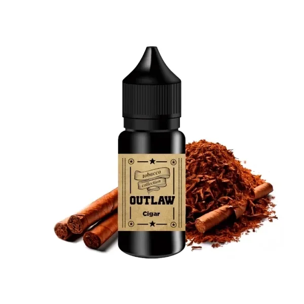Frasco negro de Outlaw Cigar con tapón alargado y etiqueta beige, acompañado de puros y tabaco desmenuzado sobre fondo blanco.