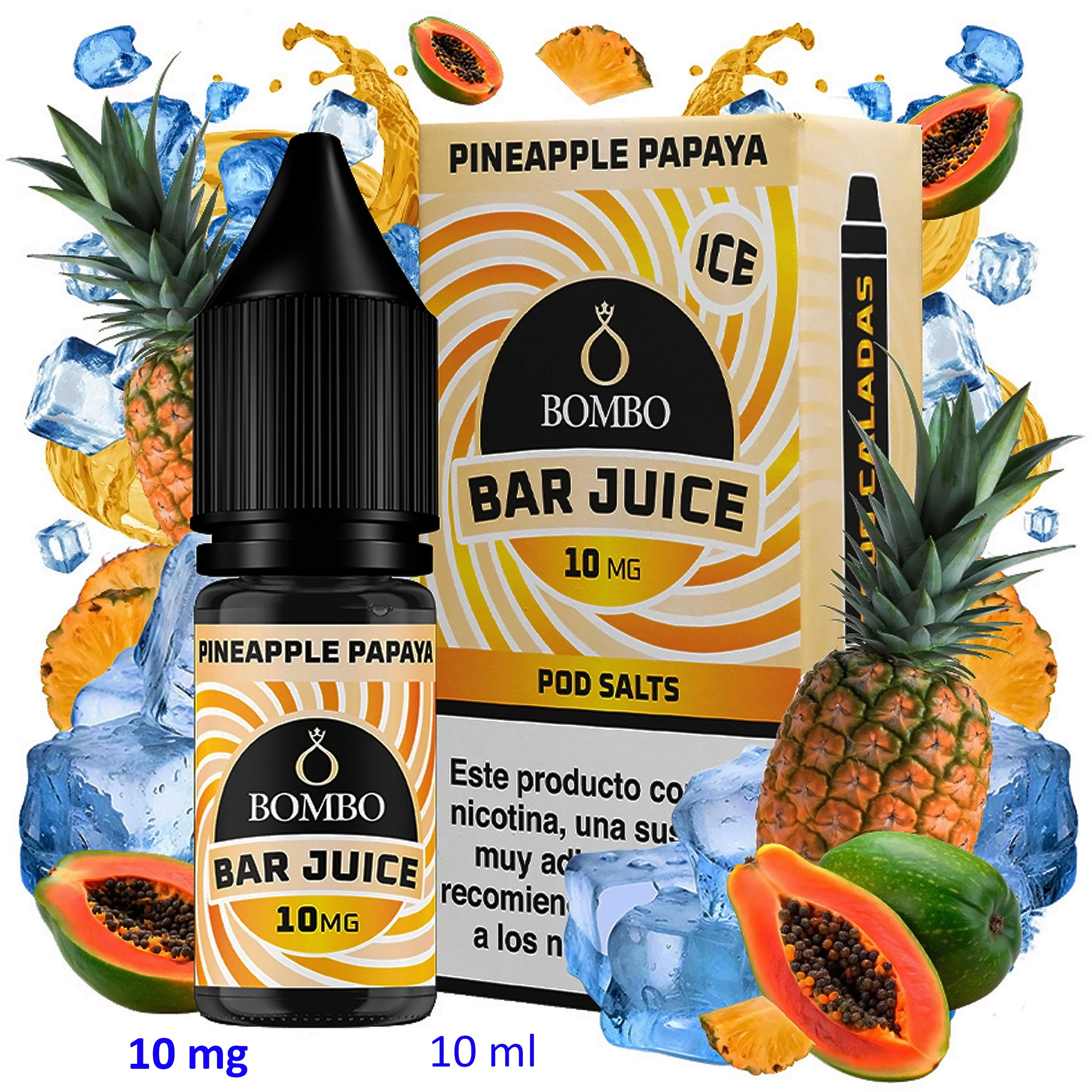 Frasco y caja de Bar Juice by Bombo Pineapple Papaya Ice, con etiqueta de 10 mg, rodeados de piña, papaya y cubitos de hielo.