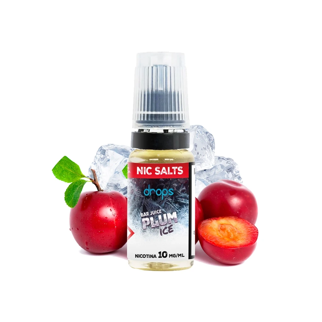 Frasco Drops Bar Juice Salts Plum Ice con etiqueta de nicotina de 10 mg/ml, rodeado de ciruelas rojas y cubitos de hielo.