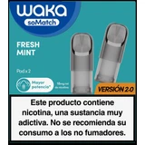 Envase turquesa Waka soMatch Fresh Mint con pods grises ilustrados, indicación de 18 mg/ml de nicotina y advertencia sanitaria.
