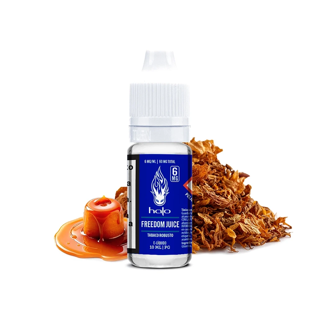 Frasco Halo Freedom Juice de 10 ml con etiqueta azul de 6 mg/ml y tapón blanco, junto a tabaco y caramelo.