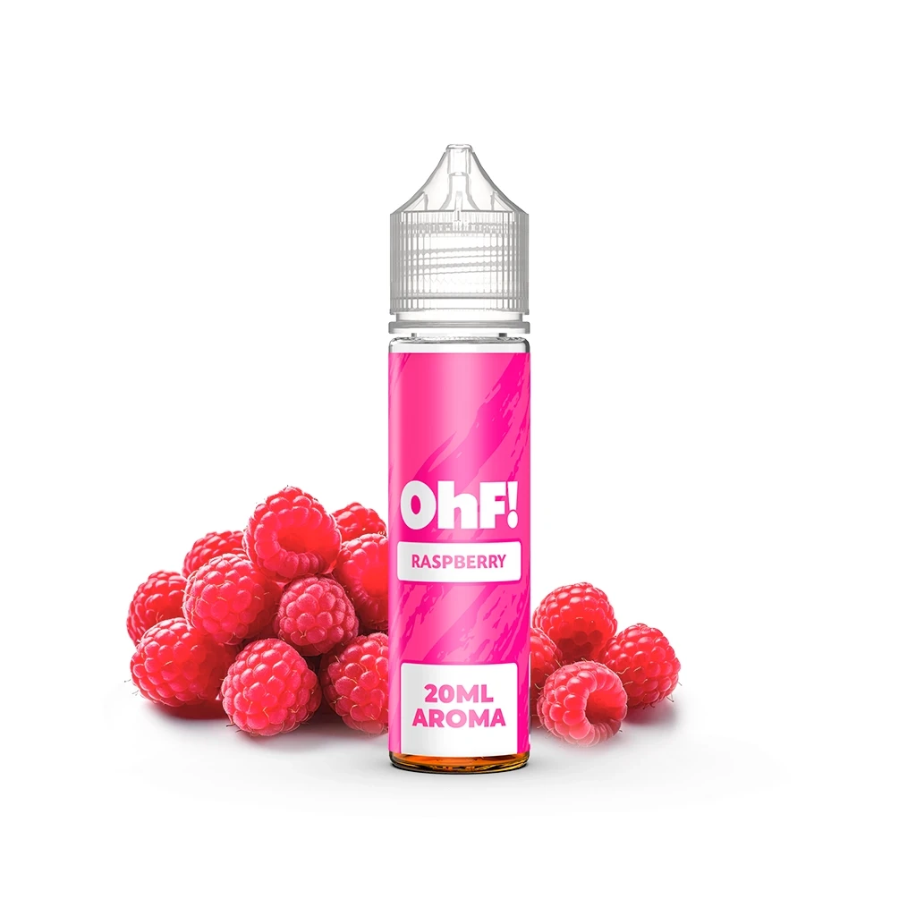 Frasco OhF! Raspberry Longfill con etiqueta rosa que indica 20 ml de aroma, tapón transparente y frambuesas alrededor.