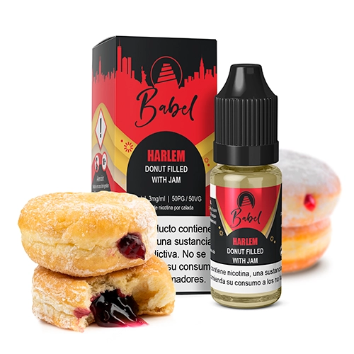 Frasco de Babel Harlem con tapón negro y caja roja y negra, junto a dónuts azucarados con relleno de mermelada visible.
