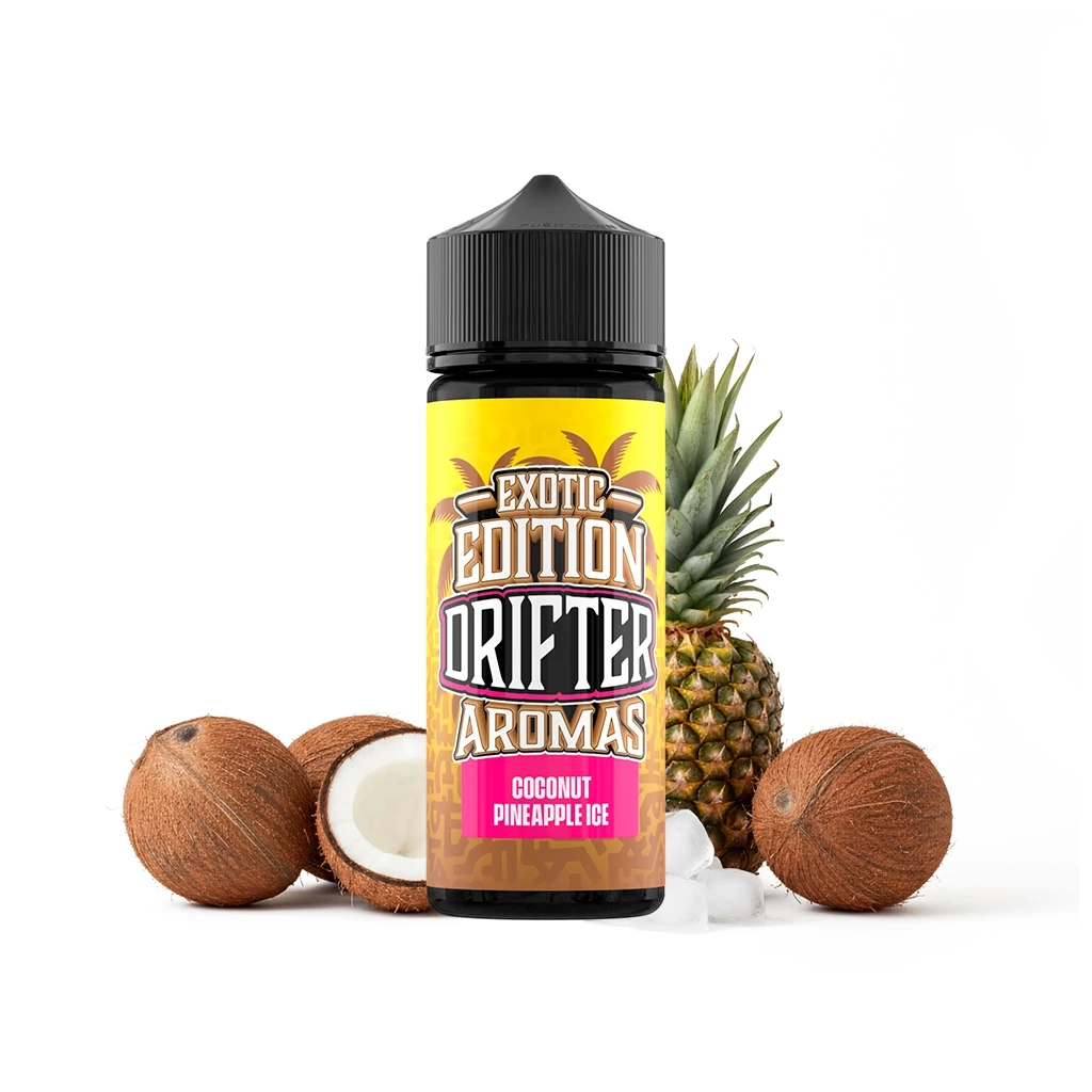 Frasco Drifter Exotic Edition Coconut Pineapple Ice con tapón negro y etiqueta amarilla y rosa, junto a cocos, piña y hielo.