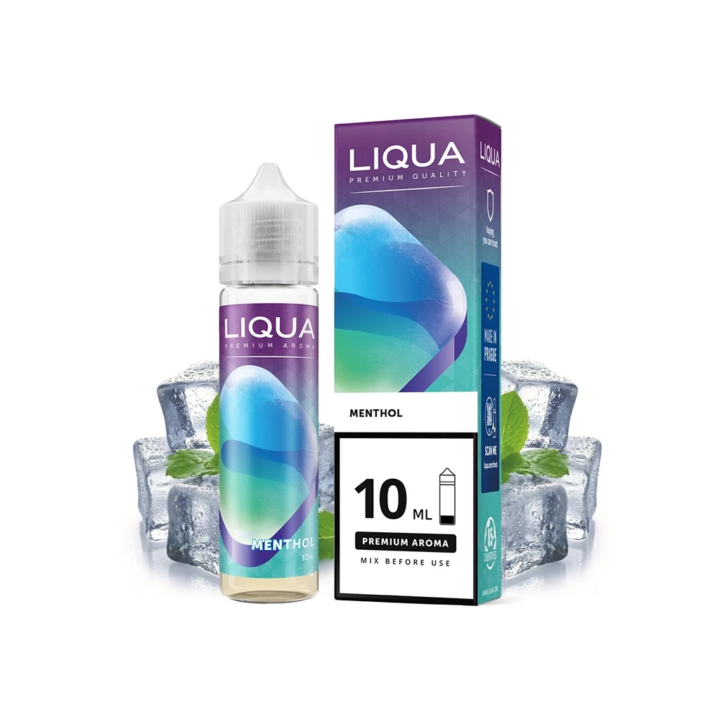 Frasco y caja de Liqua Menthol Longfill 10 ml con diseño morado, azul y verde, rodeados de cubitos de hielo y hojas de menta.