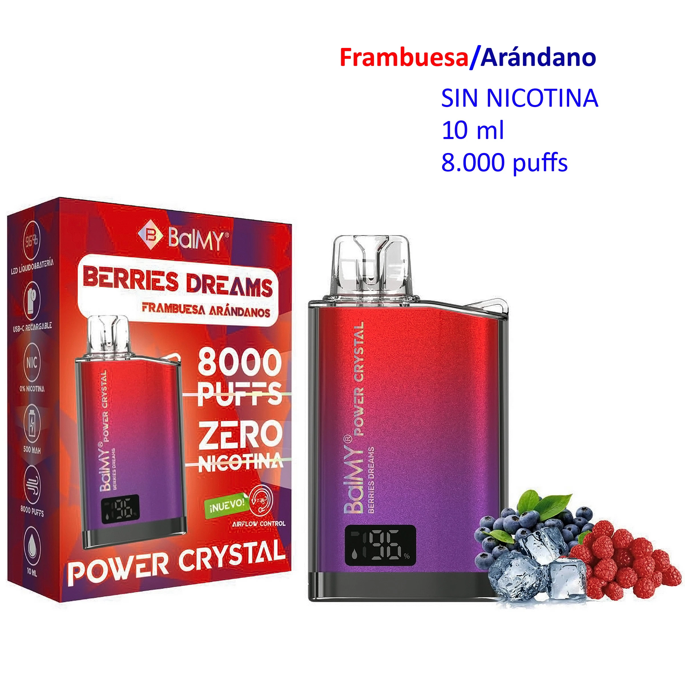 Vaper Balmy Power Crystal Berries Dreams y su caja, con degradado rojo y morado, pantalla y texto «sin nicotina», junto a frutos y hielo.