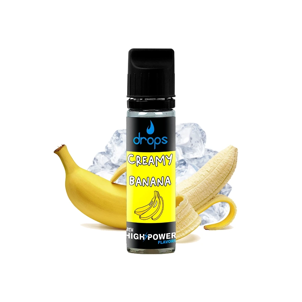 Frasco Drops Creamy Banana con tapón negro y etiqueta amarilla, delante de un plátano entero, otro pelado y cubitos de hielo.