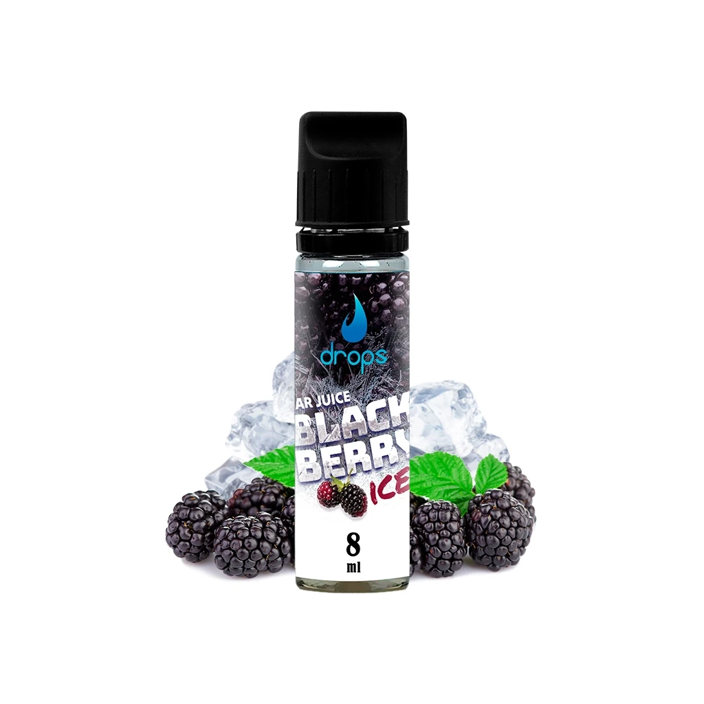 Frasco Drops Bar Juice Blackberry Ice de 8 ml con tapón negro, rodeado de moras, hojas verdes y cubitos de hielo.