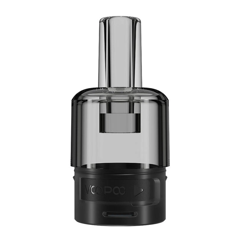 Cartucho Voopoo ITO con depósito transparente ahumado, boquilla alargada y base negra, sobre fondo blanco.