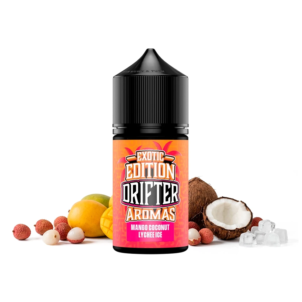 Frasco Drifter Exotic Mango Coconut Lychee Ice con tapón negro y etiqueta naranja y rosa, rodeado de mango, coco, lichis y hielo.