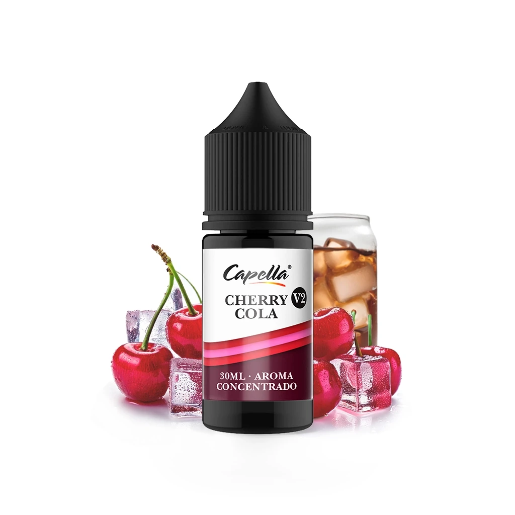 Frasco de aroma Cherry Cola V2 de Capella, con tapón negro y etiqueta de 30 ml, rodeado de cerezas, hielo y un vaso de cola.
