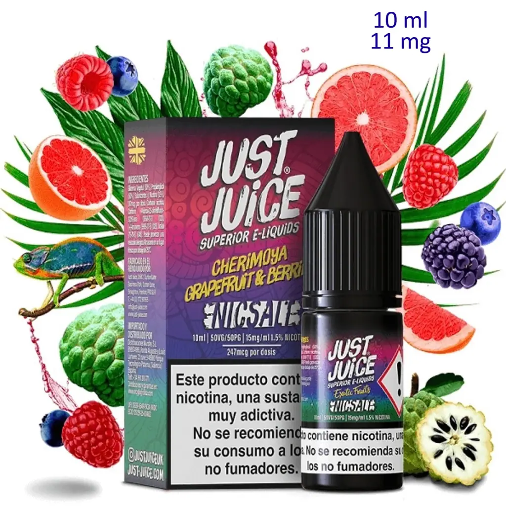 Frasco y caja de Just Juice Cherimoya, Grapefruit & Berries, rodeados de frutas y hojas, con un camaleón y el texto «10 ml, 11 mg».