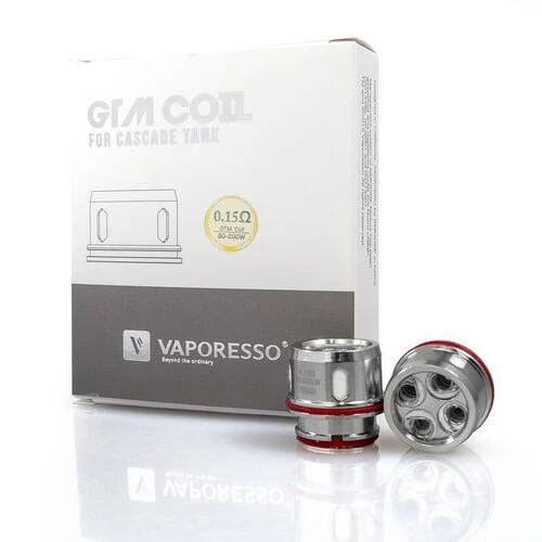 Resistencias Vaporesso junto a una caja GTM Coil de 0,15 Ω, con juntas rojas; una está de pie y otra muestra sus orificios frontales. Resistencias Vaporesso junto a una caja GTM Coil de 0,15 Ω, con juntas rojas; una está de pie y otra muestra sus orificios frontales.