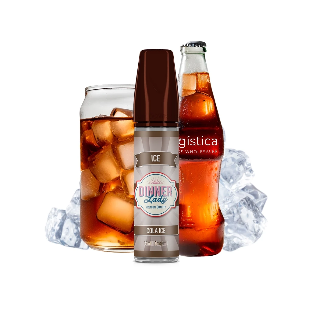 Frasco Dinner Lady Cola Ice Longfill de 14 ml con tapón marrón, delante de un vaso de cola con hielo y una botella sobre fondo blanco.