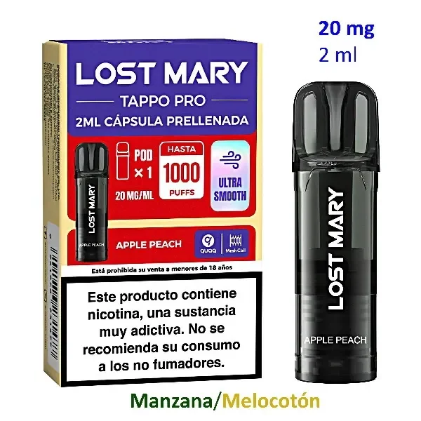 Pod negro Lost Mary TAPPO PRO Apple Peach junto a su caja, con indicaciones de 2 ml y 20 mg/ml y advertencia sobre la nicotina.